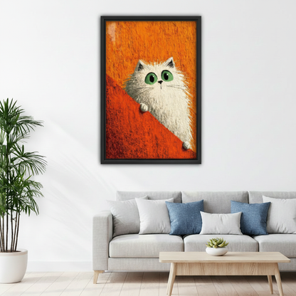 Whimsical white cat canvas wall art above grey sofa, black frame, bold pop art cat illustration on orange background, modern living room decor