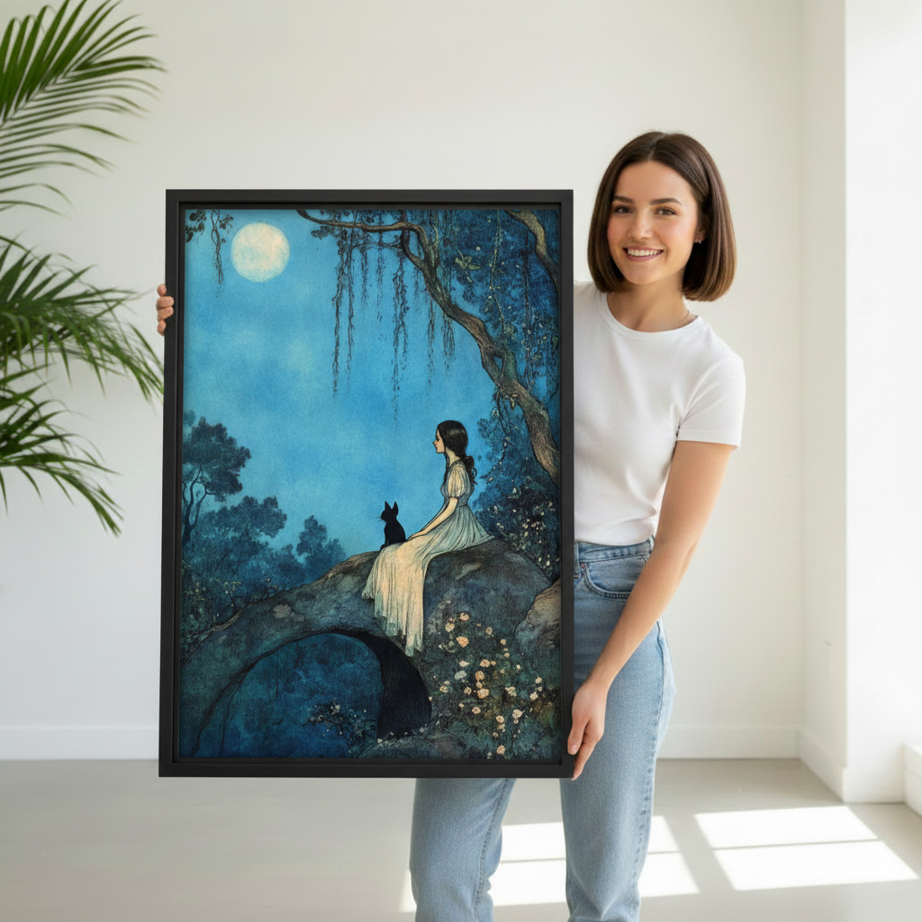 Woman holding vintage moonlit girl black cat framed canvas wall art, black frame, dreamy blue night fantasy illustration, minimalist white room display