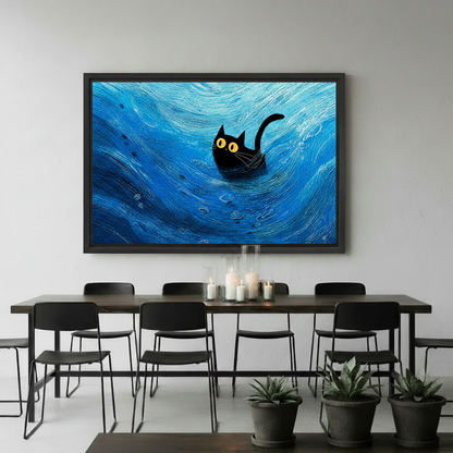 Black cat with yellow eyes ocean swirl wall art print, Van Gogh inspired canvas decor