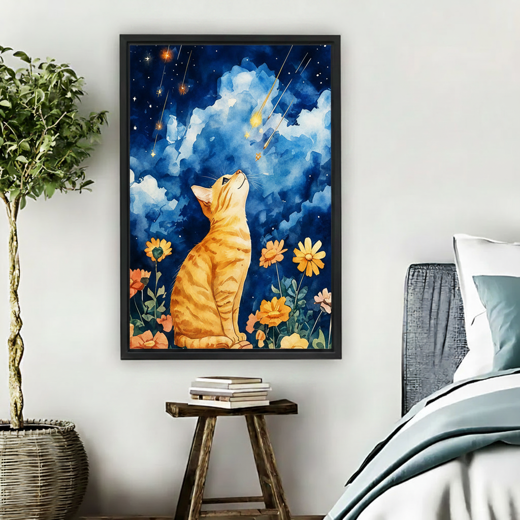 Dreamy orange cat starry night watercolor canvas wall art, floral garden print