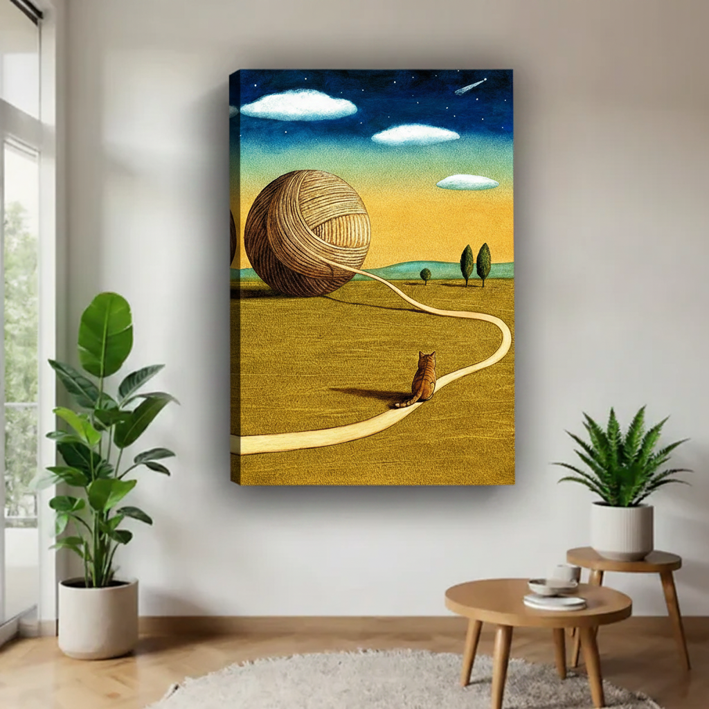 Whimsical cat giant yarn ball surreal golden field frameless gallery wrap canvas – dreamy starry night illustration, displayed in modern white living room with leafy plants and round wood table