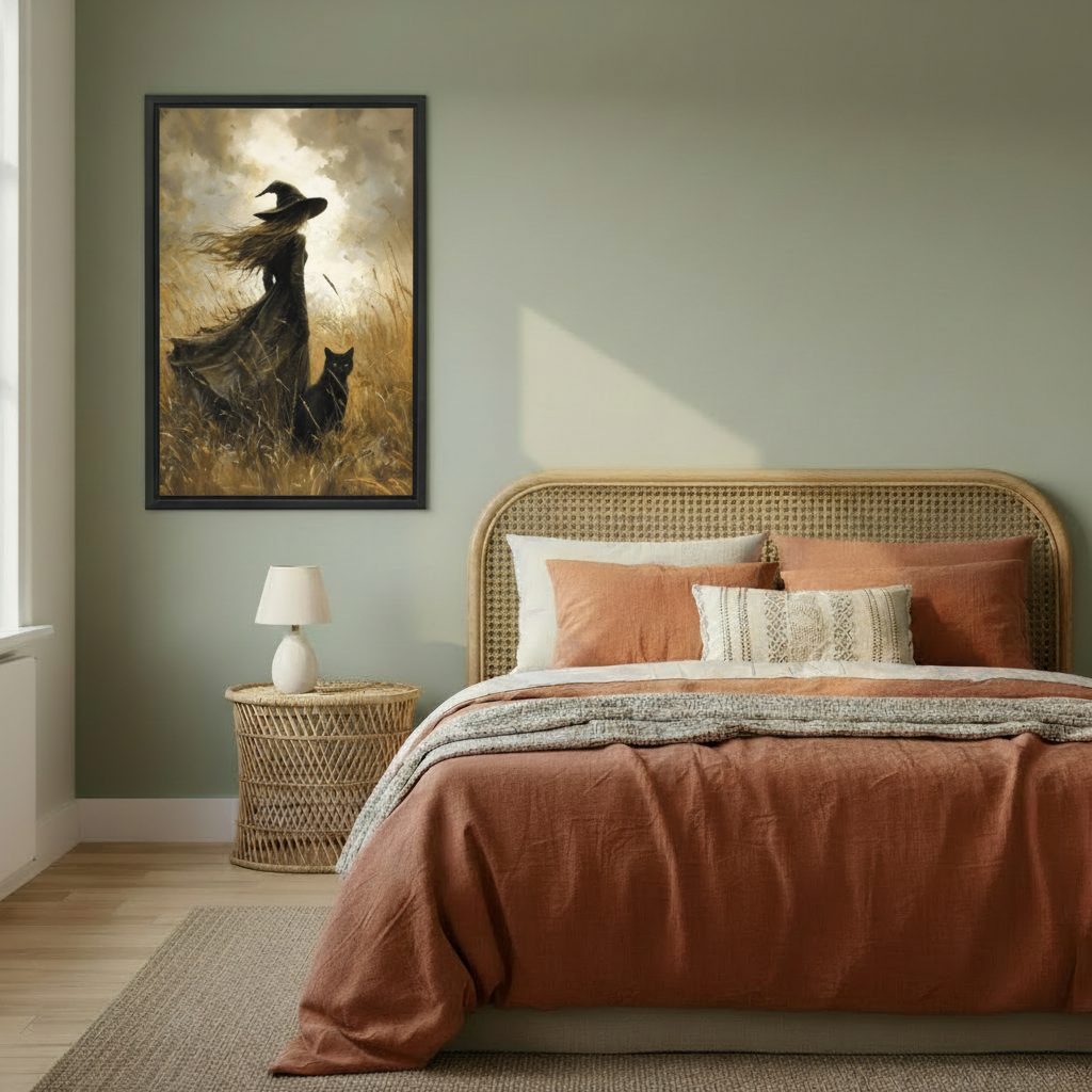 Dark witch framed wall art print displayed in modern living room above white sofa — gothic home decor