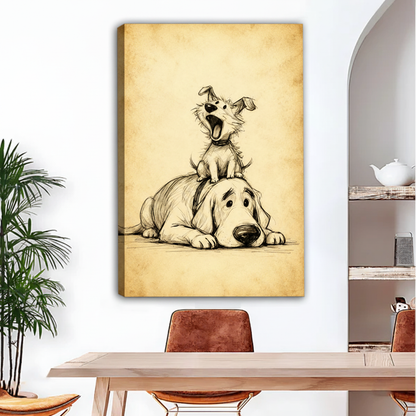 Funny two dogs vintage sketch humorous illustration, small dog on big dog head, dining room decor