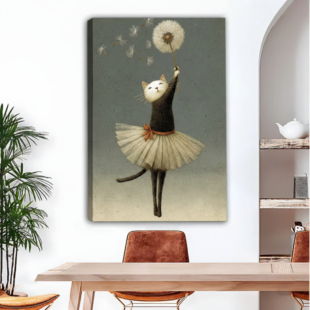 Whimsical ballerina cat dandelion gallery wrap canvas wall art no frame in dining room, dreamy black cat tutu wall decor