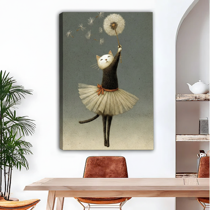 Whimsical ballerina cat dandelion gallery wrap canvas wall art no frame in dining room, dreamy black cat tutu wall decor