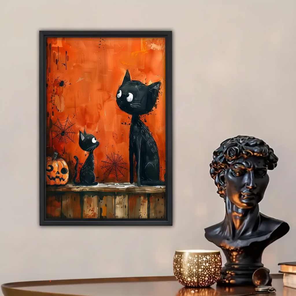 Black cat art print hanging in room, spooky orange illustration with cobwebs, premium framed canvas wall decor
