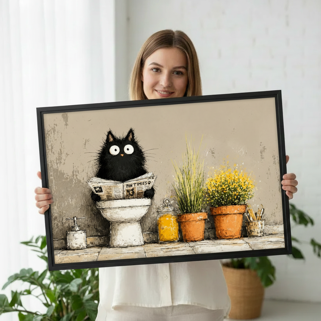 Humorous cat bathroom canvas wall art in white bathroom – funny illustration print