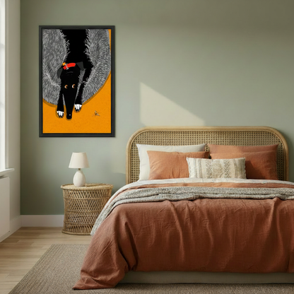 Funny black dog mosquito pop art framed wall art print in modern living room above white sofa — bold graphic pet home decor