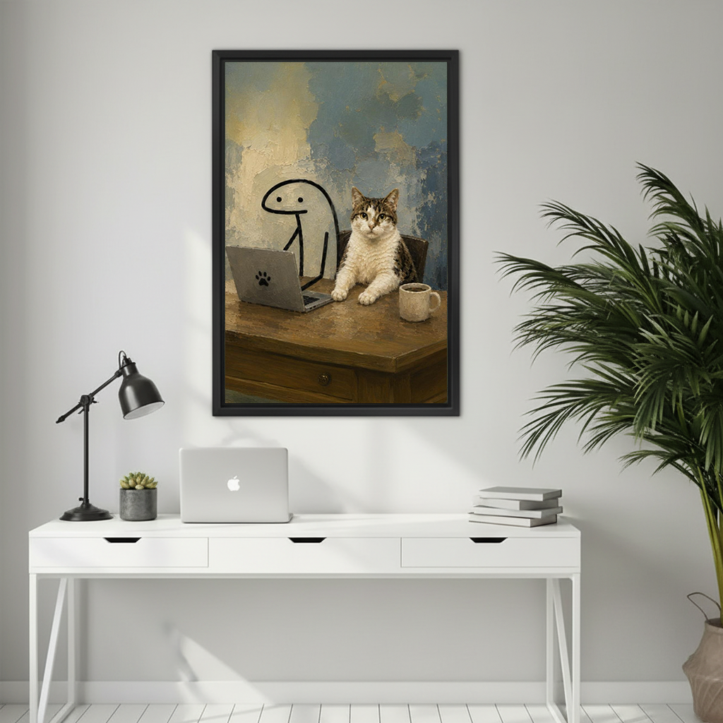 Funny cat and stick figure oil painting wall art print in black frame above a white home office desk
