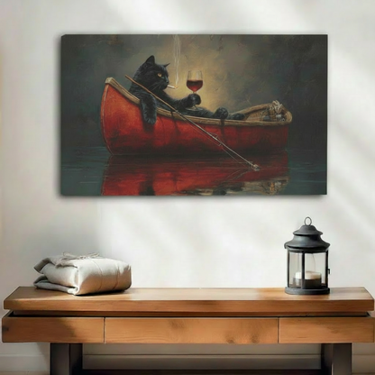 Vintage oil painting canvas of a black cat lounging in a red boat with a glass of wine — gallery wrap for moody home decor
