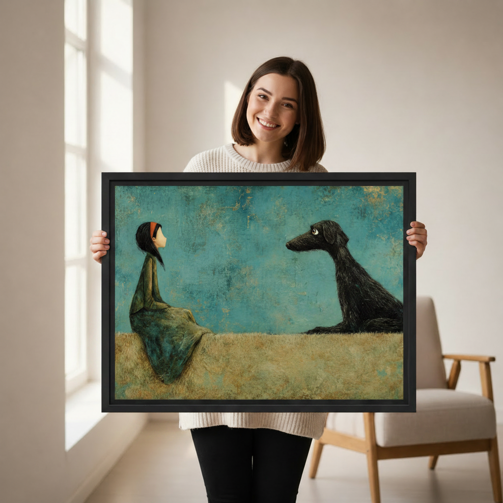 Moody teal whimsical canvas print with girl and black dog facing each other