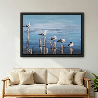 Coastal seagulls on pier canvas wall art displayed in bright living room, nautical oil painting framed print decor