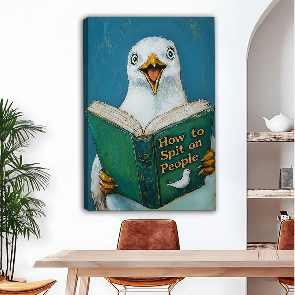 Funny seagull reading book humorous oil painting, teal background, dining room decor