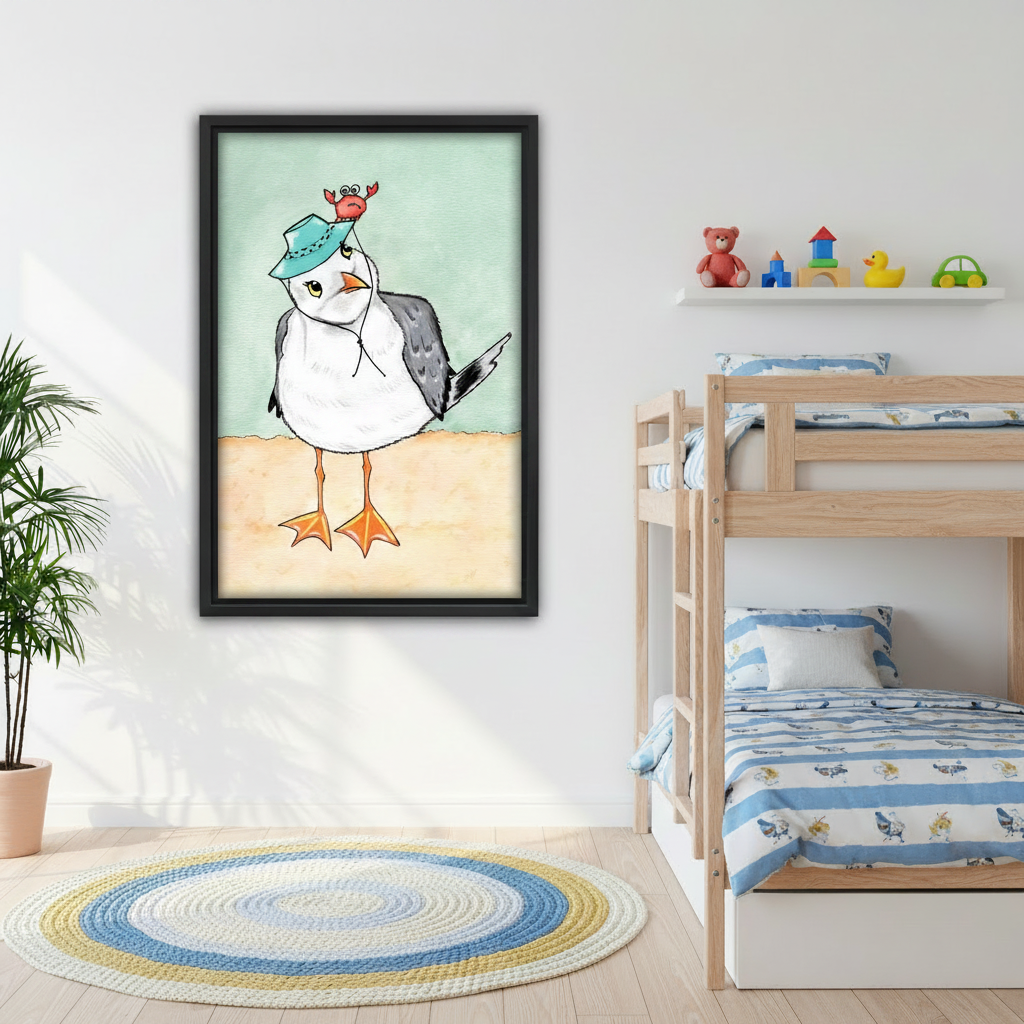 Chubby seagull crab hat watercolor framed art – black frame above cream sofa in coastal living room