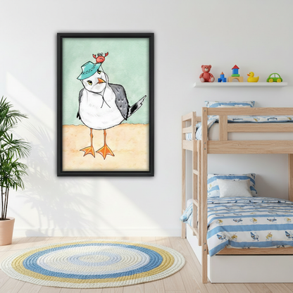 Chubby seagull crab hat watercolor framed art – black frame above cream sofa in coastal living room
