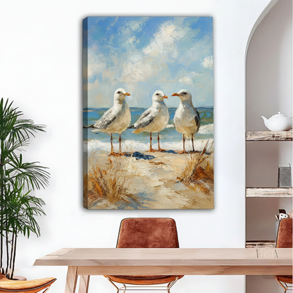 Three seagulls beach oil painting frameless gallery wrap canvas print for coastal home decor