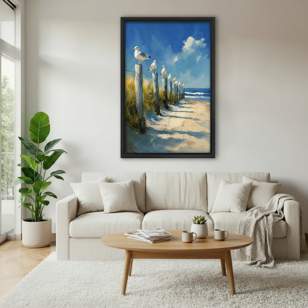 Coastal seagull oil painting canvas wall art above sofa in bright Scandinavian living room — beach fence post birds with blue sky and ocean