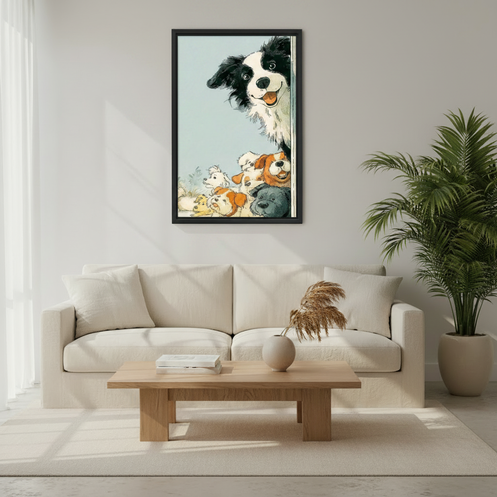 Funny Peeking Dogs Illustration Wall Art Print Framed l2038