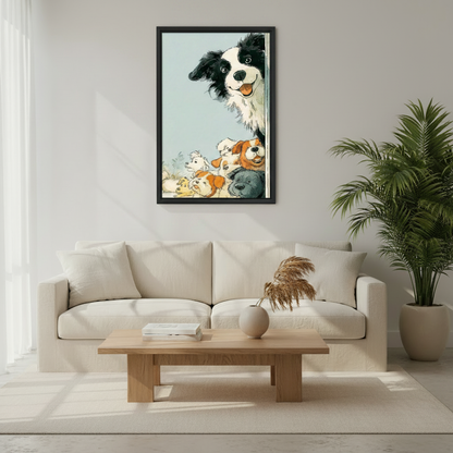 Funny Peeking Dogs Illustration Wall Art Print Framed l2038