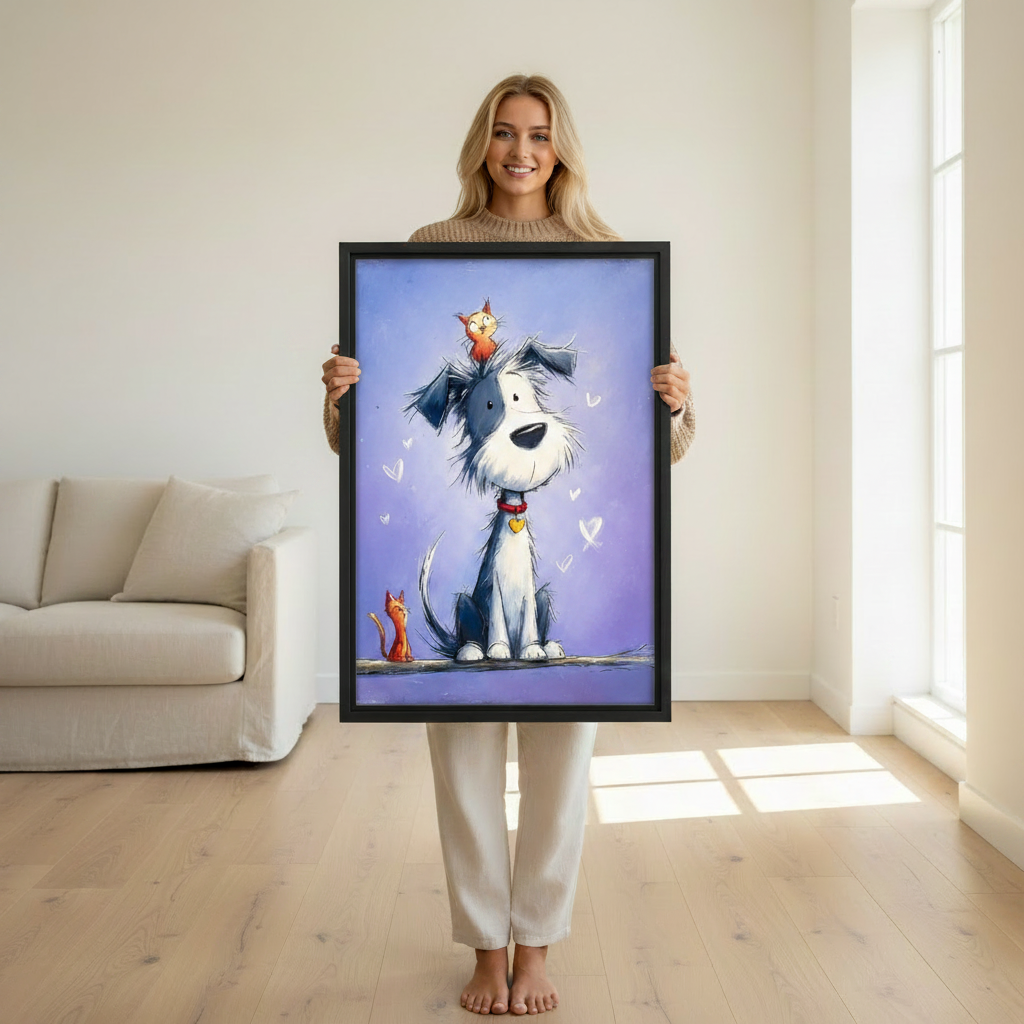 Framed dog and cat friendship wall art on white wall, charming whimsical animal canvas print