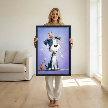 Framed dog and cat friendship wall art on white wall, charming whimsical animal canvas print