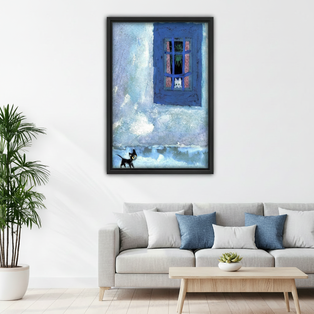 Impressionist black white cats window canvas print, black frame, bedroom wall art, cozy cat lover home decor blue tones
