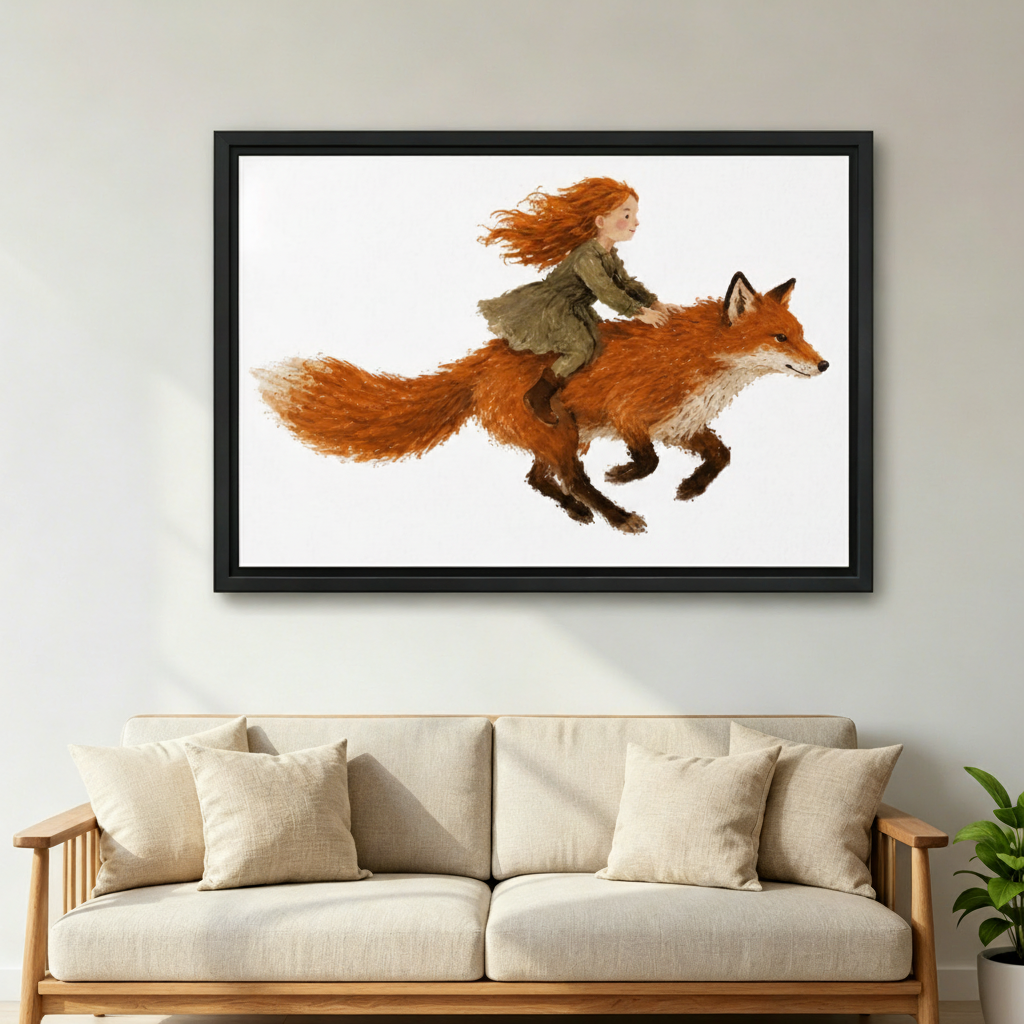 Whimsical girl and fox watercolor canvas wall art displayed in bright living room, fantasy framed print decor
