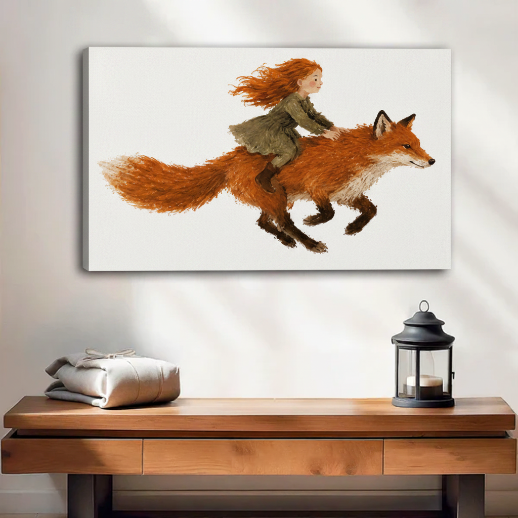 Gallery wrap canvas print of a girl riding a fox watercolor illustration, magical living room wall art