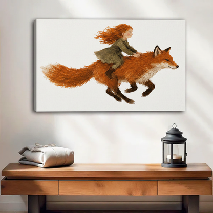 Gallery wrap canvas print of a girl riding a fox watercolor illustration, magical living room wall art