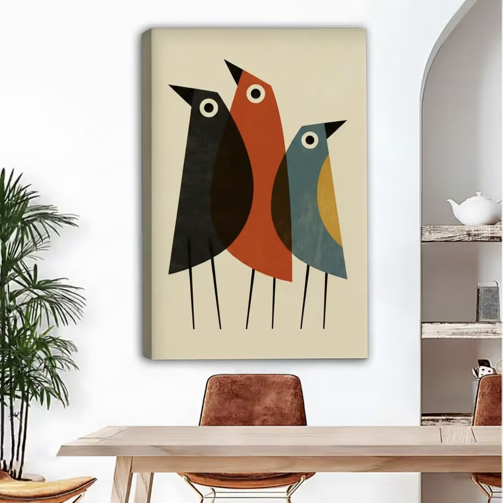 Mid-century modern three birds abstract wall art, geometric bird illustration, cream background, dining room decor