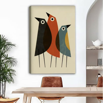 Mid-century modern three birds abstract wall art, geometric bird illustration, cream background, dining room decor