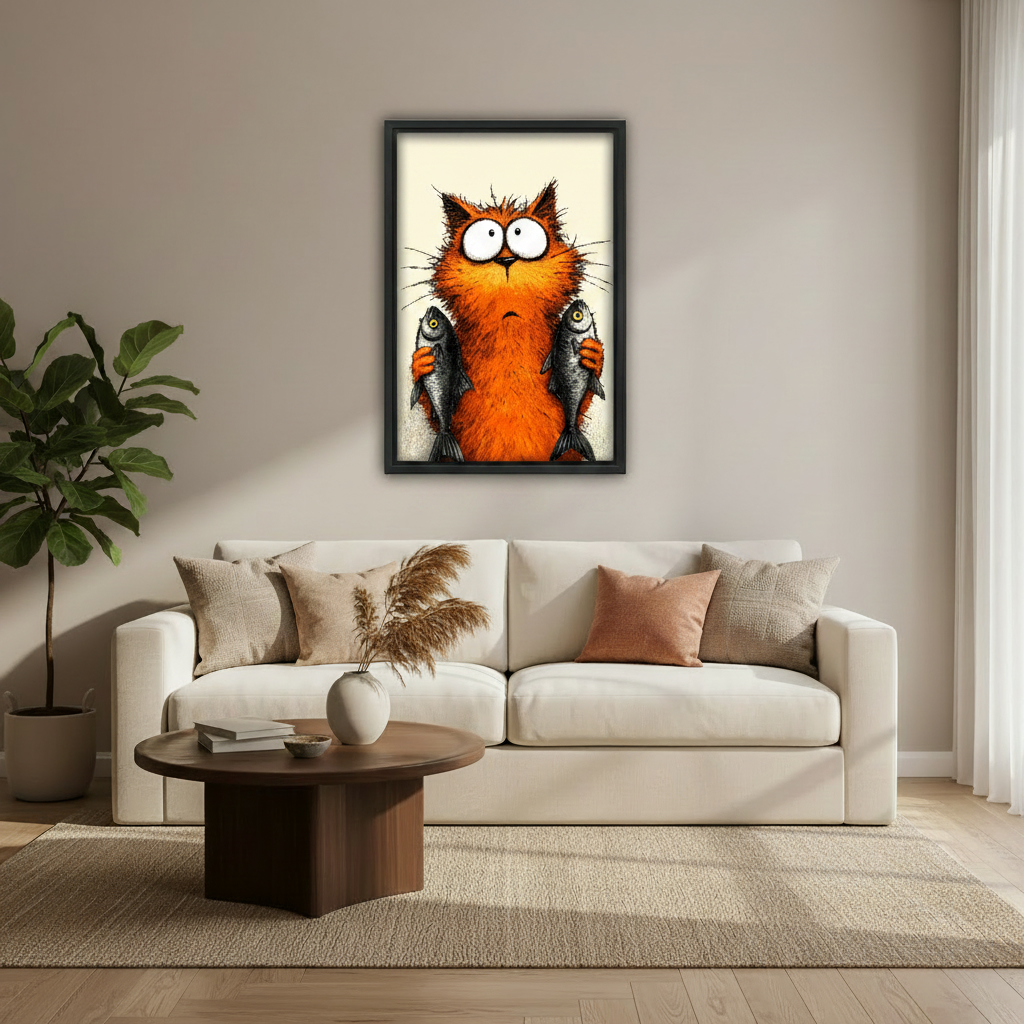 Bold orange cat wall art print for kitchen or dining room, humorous cat illustration