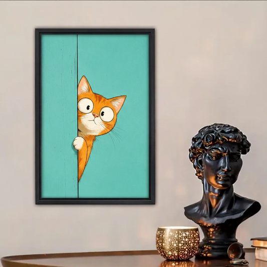 Funny peeking orange cat framed canvas wall art print on teal background