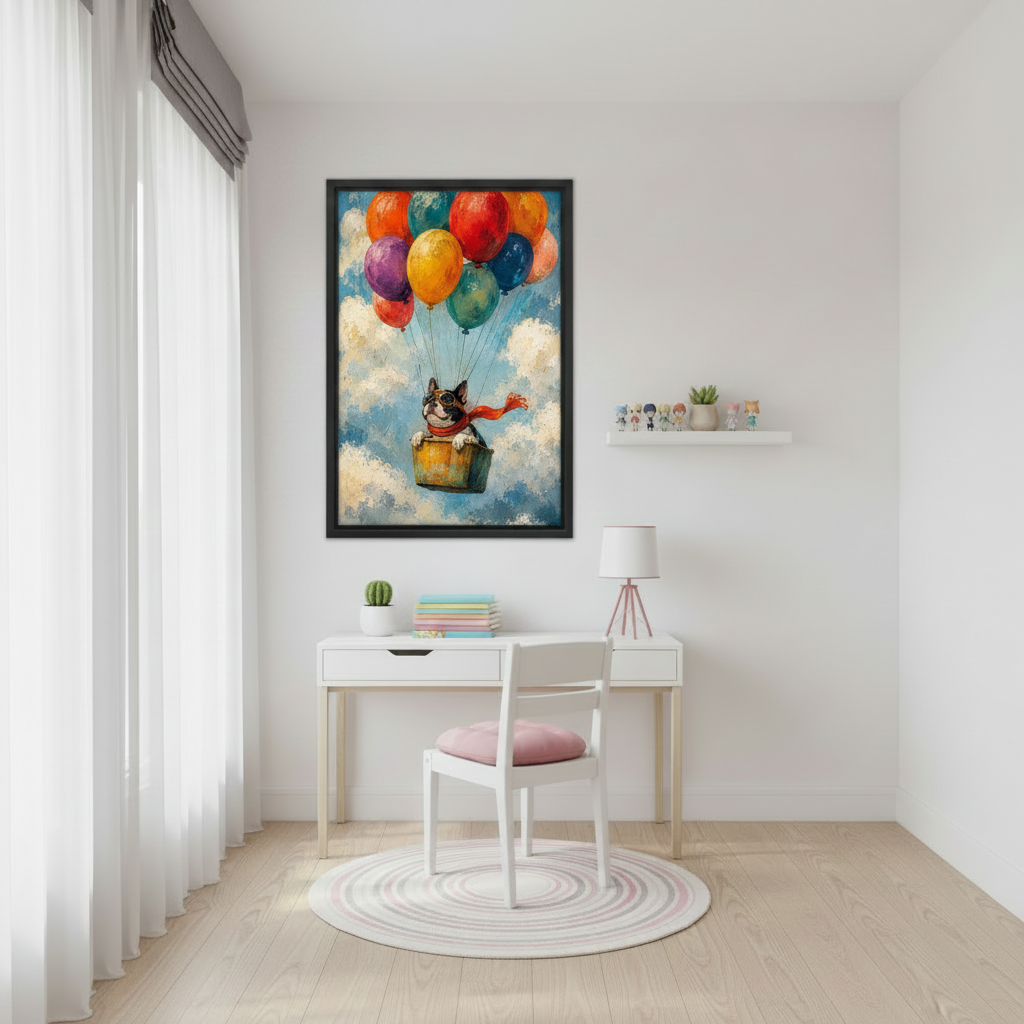 Colorful French Bulldog balloon wall art in black frame — fun whimsical illustration perfect for bedroom or playroom decor