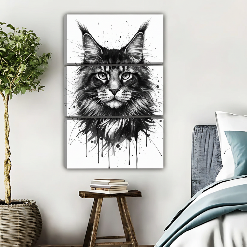 Maine Coon Cat Wall Art - Black and White Ink Splash Print|Liberty Signs #L371