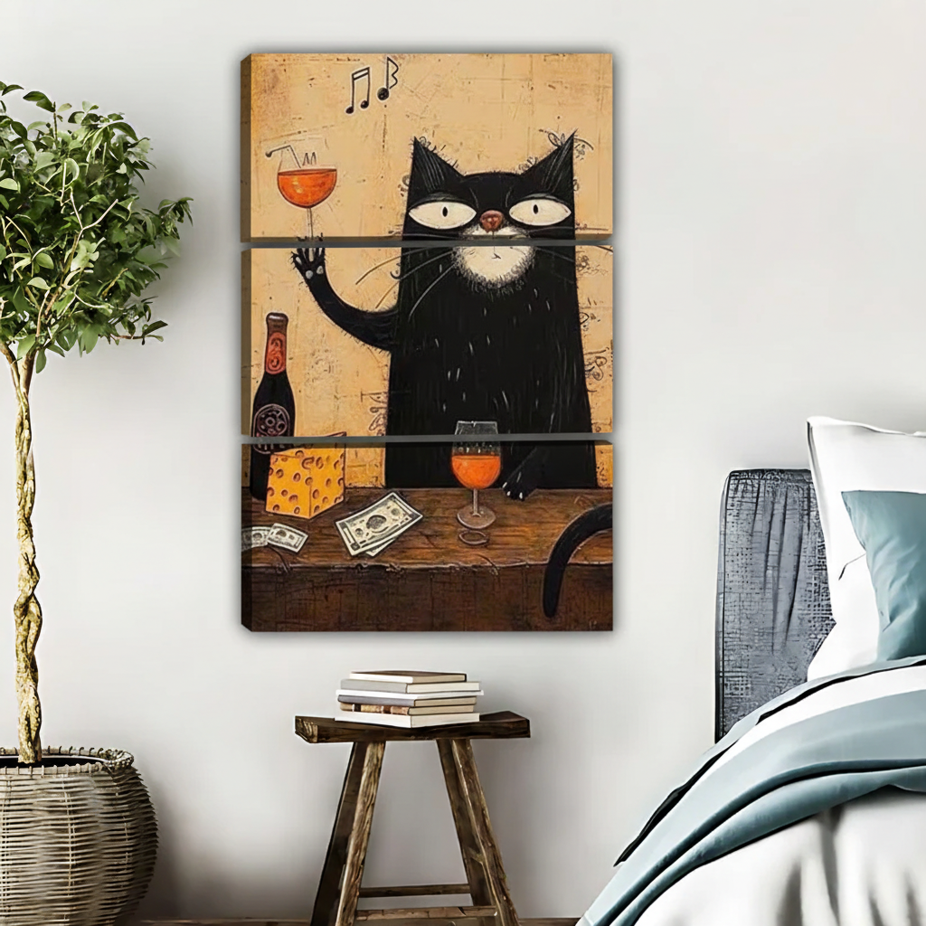 Black Cat with Wine Wall Art - Funny Cat Drinking Print|Liberty Signs #L527