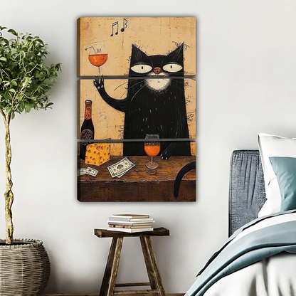 Black Cat with Wine Wall Art - Funny Cat Drinking Print|Liberty Signs #L527