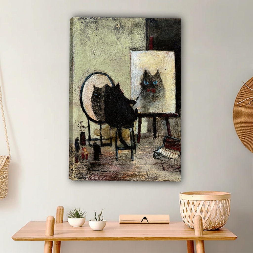Artist Cat Wall Art - Whimsical Cat Painting Self Portrait Canva|Liberty Signs #L635
