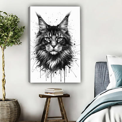 Maine Coon Cat Wall Art - Black and White Ink Splash Print|Liberty Signs #L371