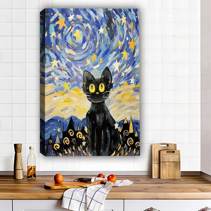 Van Gogh Inspired Starry Night Black Cat Wall Art | Whimsical Cat Painting|Liberty Signs #L550