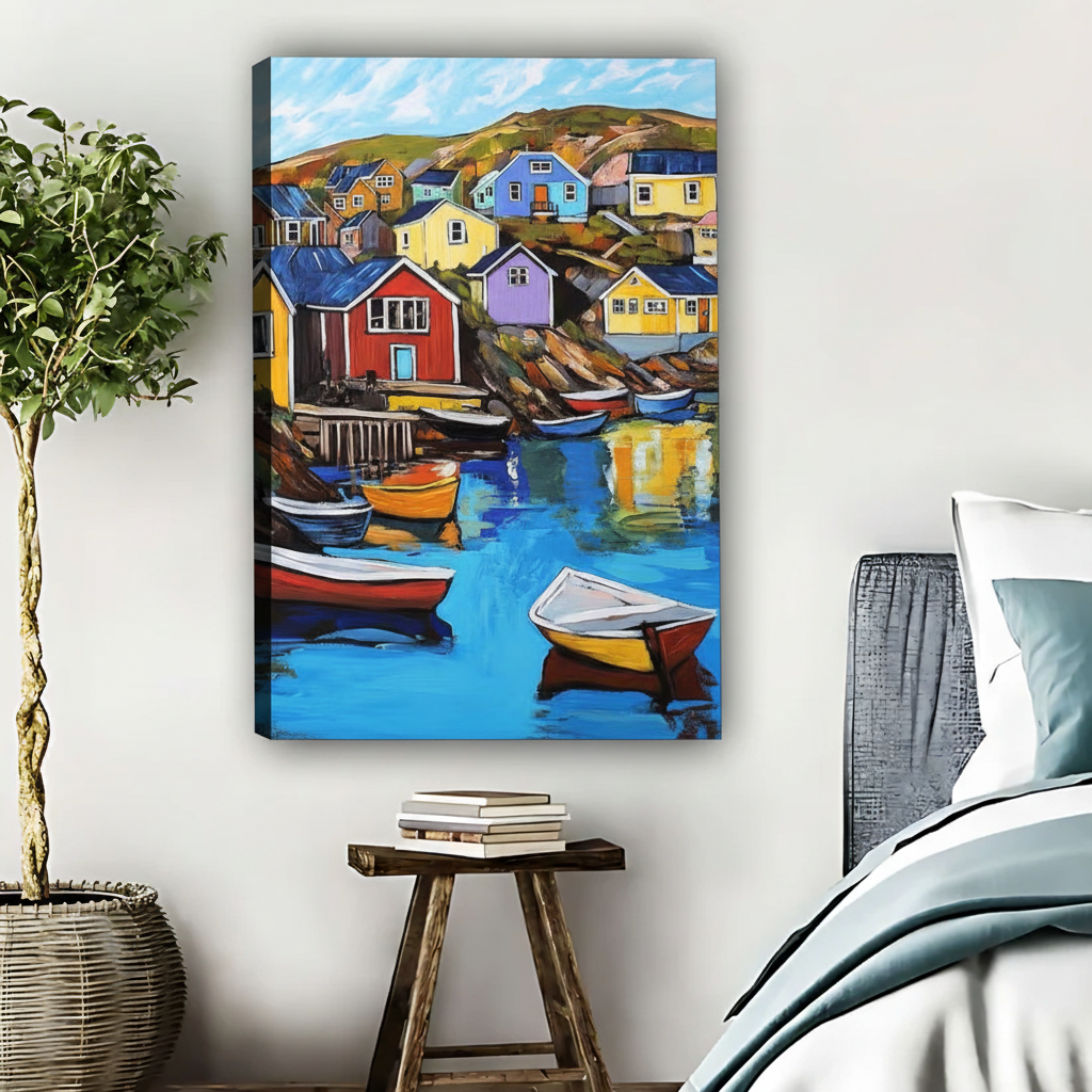 Colorful Harbor Village Wall Art - Coastal Canvas Print|Liberty Signs #L539