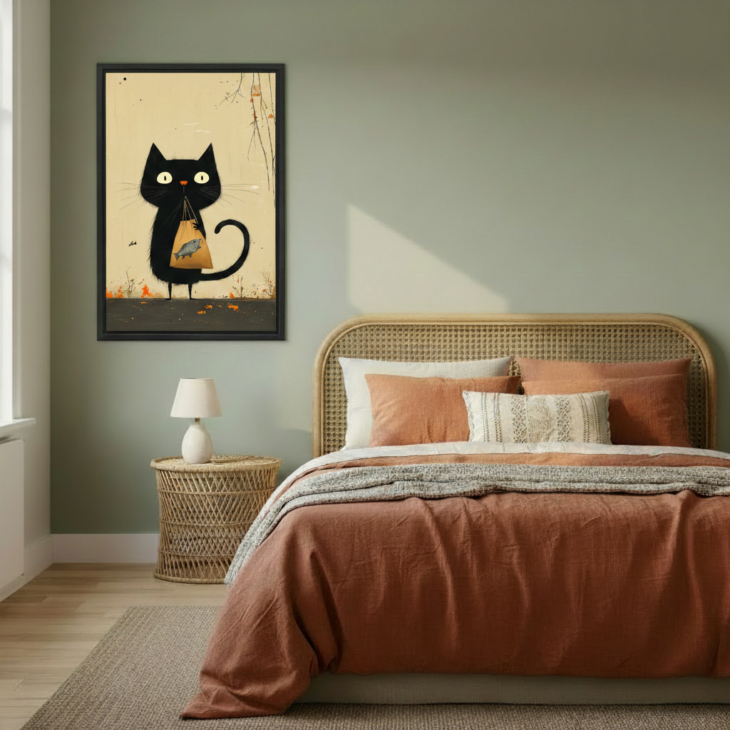 Folk art black cat with fish bag in black frame displayed above bedroom headboard
