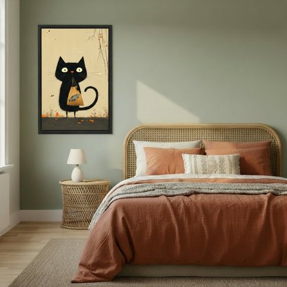 Folk art black cat with fish bag in black frame displayed above bedroom headboard