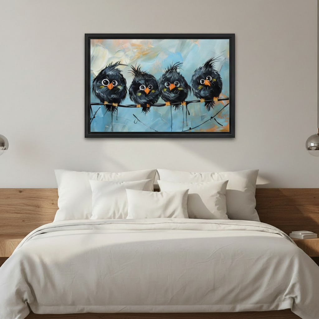 Funny black birds on wire oil painting framed canvas wall art above bed in cozy bedroom, playful bird lover decor