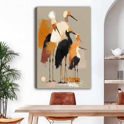 Abstract crane birds warm gold canvas art gallery wrap with image-wrapped edges in modern dining room