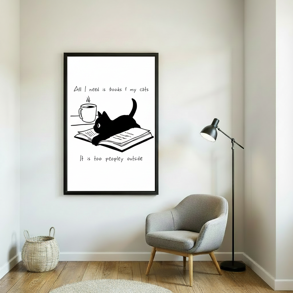 Cat lover gift wall art, funny black cat reading quote print for home office decor
