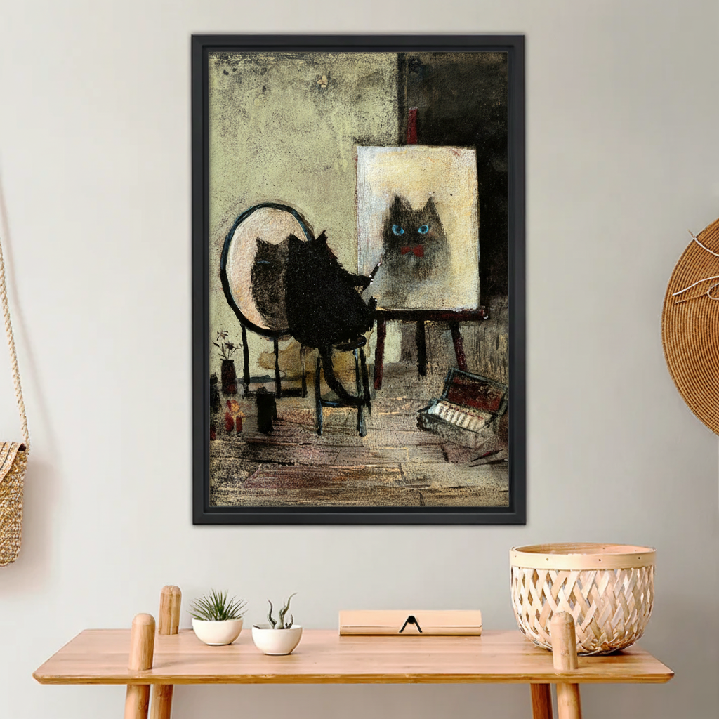 Artist Cat Wall Art - Whimsical Cat Painting Self Portrait Canva|Liberty Signs #L635