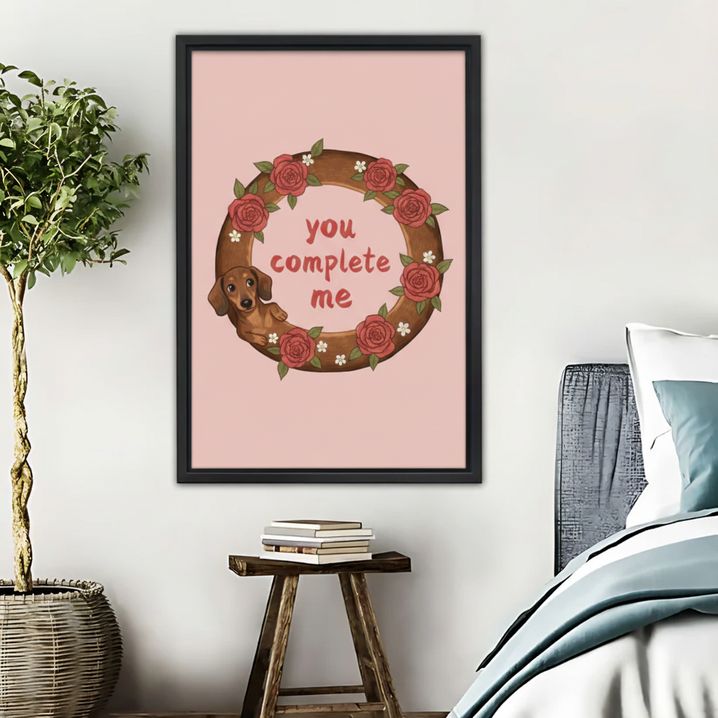 You Complete Me Dachshund Art - Rose Wreath Dog Print|Liberty Signs #L461