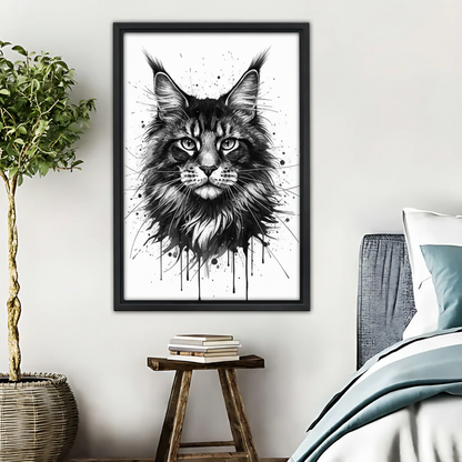 Maine Coon Cat Wall Art - Black and White Ink Splash Print|Liberty Signs #L371