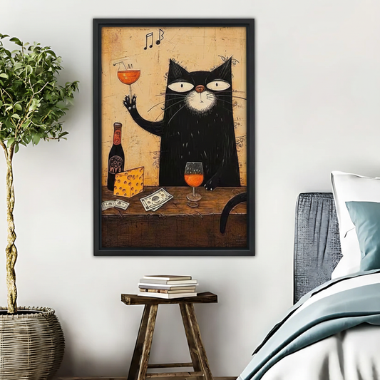 Black Cat with Wine Wall Art - Funny Cat Drinking Print|Liberty Signs #L527